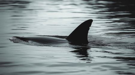 Shark fin emerges from tranquil water during dusk, creating a mysterious atmosphereの素材