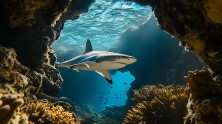 A shark explores the colorful coral tunnel, surrounded by diverse marine life and clear blue watersの素材