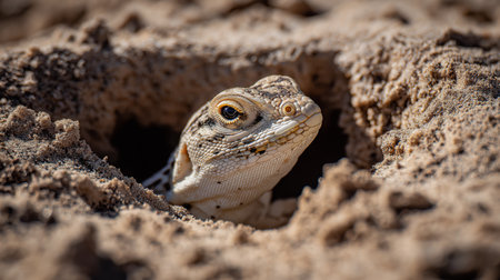 A lizard carefully emerges from its sandy burrow, showcasing its distinctive features in daylightの素材