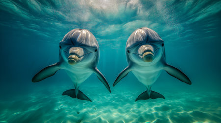 Two dolphins glide through crystal clear water, displaying their playful behavior and intelligenceの素材