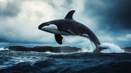 A large whale breaches the water, showcasing its massive body against a dramatic cloudy skyの素材