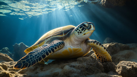 Sea turtle moves through crystal-clear water, exploring rocky terrain illuminated by sunlightの素材