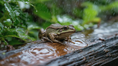 A frog sits on a log in the rain, surrounded by vibrant green plants and gentle water dropletsの素材