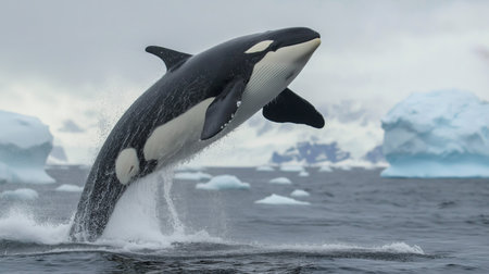 An orca leaps from the ocean surface, showcasing its strength amidst icy surroundingsの素材