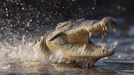 A large crocodile leaps from the water, causing splashes, under the warm glow of a setting sunの素材
