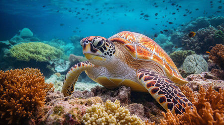 A turtle swims gracefully among colorful corals in warm, crystal-clear waters during daylight hoursの素材