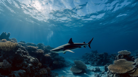 A shark glides effortlessly through clear blue waters surrounding beautiful coral formationsの素材