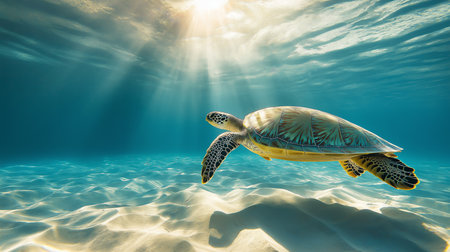 A sea turtle glides smoothly through vibrant blue waters under beams of sunlightの素材