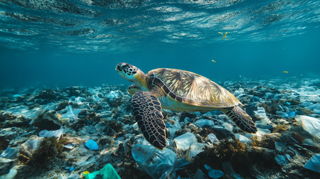 A sea turtle glides through clear water tainted by plastic, showcasing ocean pollutionの素材