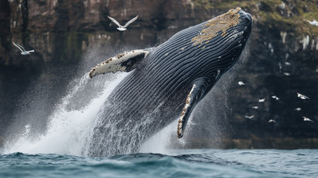 A humpback whale leaps out of the water near cliffs with seagulls flying overheadの素材