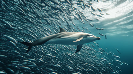 Amidst shimmering waters, a dolphin glides smoothly alongside a vibrant school of fishの素材