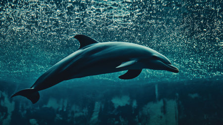 A dolphin swims swiftly in clear blue water beneath the surface, showcasing its agilityの素材