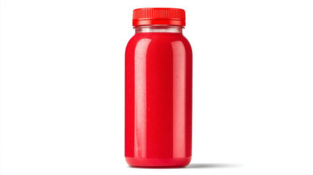 Bright red juice fills a clear glass bottle, showcasing its vibrant color against a white backdropの素材