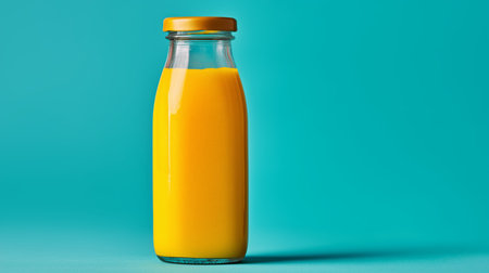 Bright yellow orange juice fills a glass bottle set against a vibrant teal backdropの素材