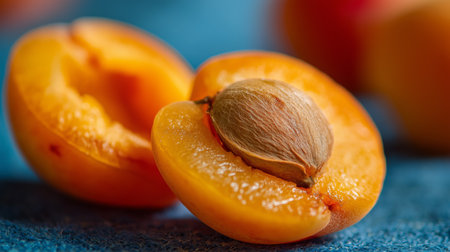 Juicy apricot halves expose golden flesh and central pit, highlighting ripe summer fruit perfectionの素材