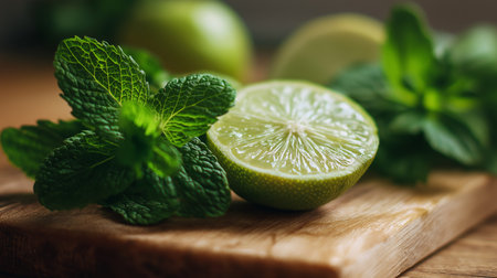 Fresh mint and lime segments are positioned on a wooden cutting board, creating a vibrant displayの素材