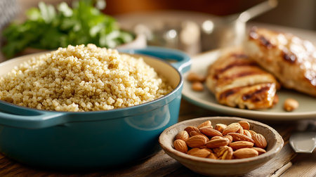 A warm meal featuring fluffy couscous, grilled chicken, and toasted almonds in a home kitchenの素材