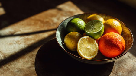 Sunlit bowl of freshly picked lemons, limes, and oranges shines with vibrant citrus colorsの素材