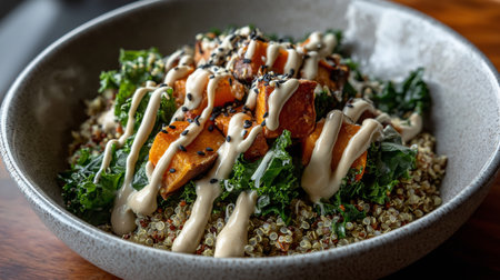 A delicious bowl features quinoa, roasted vegetables, kale, and tahini dressing artfully arrangedの素材
