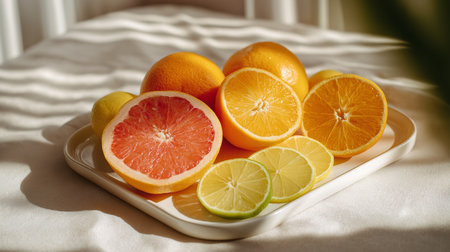 Fresh citrus fruits arranged on a light plate display vibrant colors and freshnessの素材