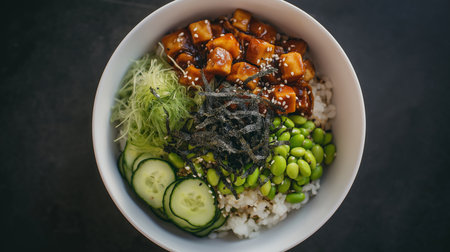 Colorful bowl features tofu, rice, cucumber, edamame, and seaweed, drizzled with sesame sauceの素材