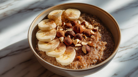A nutritious bowl features quinoa, sliced bananas, and a mix of nuts, beautifully arrangedの素材