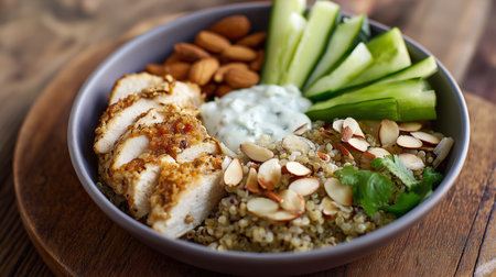 Delicious grain bowl features grilled chicken, almonds, cucumber slices, and yogurt sauceの素材