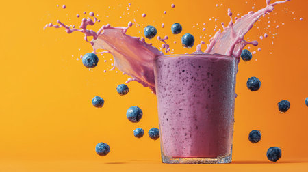 A vibrant blueberry smoothie splashes around a glass, showcasing dynamic liquid movementの素材