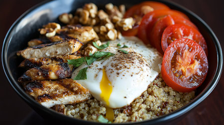 A nutritious bowl features grilled chicken, quinoa, tomatoes, and a perfectly poached egg on topの素材