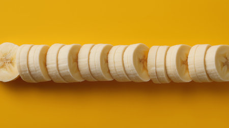 Ripe banana slices are neatly lined up, showcasing their creamy texture against vivid yellowの素材