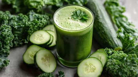 A refreshing green juice sits next to sliced cucumbers and kale, highlighting healthy ingredientsの素材