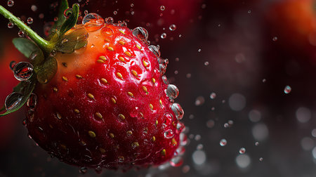 Bright red strawberries are covered in water droplets, creating a fresh and vibrant appearanceの素材
