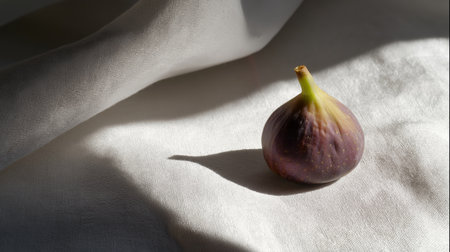A single ripe fig sits on a light fabric, illuminated by soft sunlight creating delicate shadowsの素材