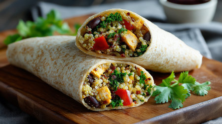 Two halves of a hearty vegetarian burrito filled with quinoa, black beans, and vibrant veggiesの素材