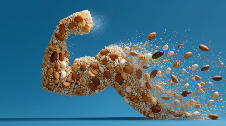 A sculpted arm formed from assorted nuts and grains showcases healthy eating and strengthの素材