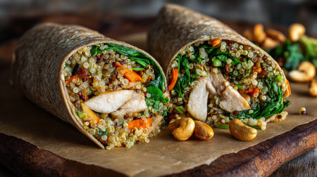 Two quinoa and chicken wraps are displayed, filled with vibrant vegetables and cashewsの素材