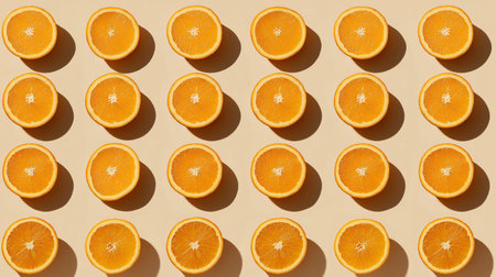 Bright orange slices are arranged neatly, showcasing their juicy interiors in a warm atmosphereの素材