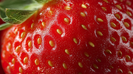 Ripe red strawberry with a glossy surface and visible tiny seeds captures attention in close-upの素材