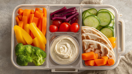 Nutritious veggies and pita with creamy hummus in a lunch containerの素材