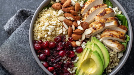 Colorful quinoa salad features grilled chicken, nuts, cranberries, and avocado arranged beautifullyの素材