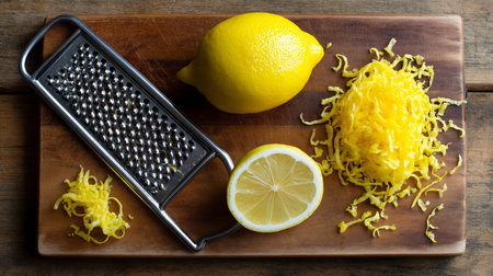 Fresh lemon with zest ready for cooking, cut lemon showcases its juicy interior on wooden boardの素材