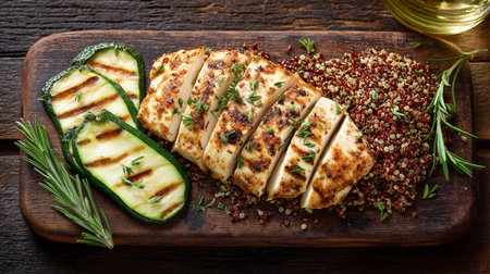 Grilled chicken breast is sliced and arranged beside quinoa and grilled zucchini on a wooden boardの素材