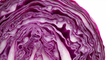 Close-up view of red cabbage reveals intricate layers and a beautiful mix of purple huesの素材