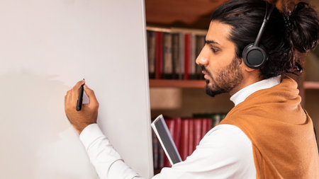 Teacher Man Wearing Headphones Writing English Rules On Blackboard Indoorsの写真素材