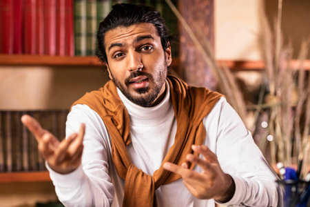 Indian Teacher Talking Teaching Having Remote Lecture Working From Homeの写真素材