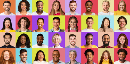 Multiple Portraits Of Multiethnic People In Collage Over Colorful Backgroundsの写真素材