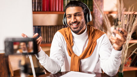 Teacher Making Video Lesson Recording Lecture Teaching Online From Homeの写真素材