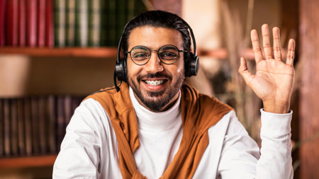 Indian Man Wearing Headset Waving Hand To Camera Sitting Indoorsの写真素材