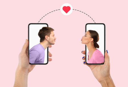 Young couple kissing using smartphones, creative collageの写真素材