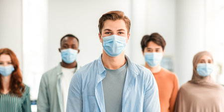 Diverse group of international people wearing medical face masks